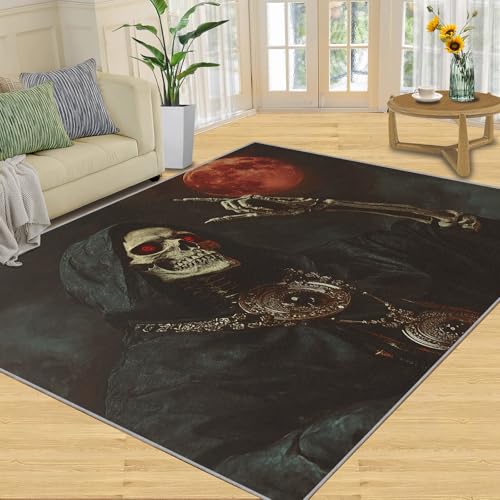 SANSJI Teppich, Gothic-Heimdekoration, 152 x 228 cm, roter Mond-Totenkopf-Teppich für Eingangsbereich, waschbare Teppiche für Schlafzimmer, Innenbereich, rutschfest und niedriger Flor von SANSJI