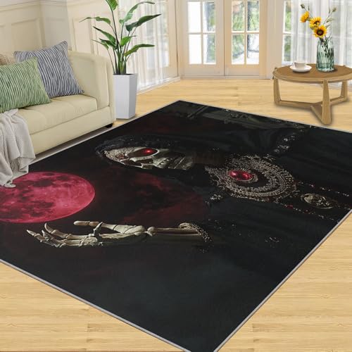 SANSJI Teppich, Gothic-Heimdekoration, 152 x 452 cm, roter Mond-Schädel-Teppich für Wohnzimmer, waschbare Teppiche für Schlafzimmer, Indoor-Teppich, rutschfest und niedriger Flor von SANSJI