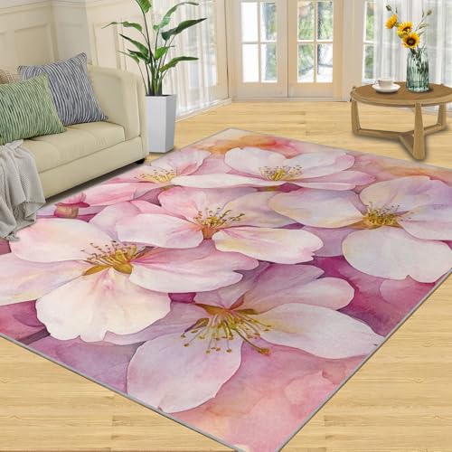 SANSJI Teppich, Kirschblüten, Heimdekoration und Geschenke, 152 x 228 cm, rosa Blumen-Teppiche für den Eingangsbereich, waschbare Teppiche für Schlafzimmer, rutschfester Teppich, weich und niedriger von SANSJI