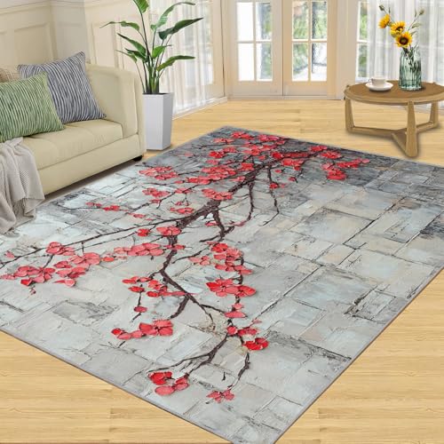 SANSJI Teppich, Kirschblüten-Heimdekoration, 150 x 180 cm, rote florale Teppiche für Wohnzimmer, waschbare Teppiche für Schlafzimmer, Innenbereich, rutschfest, niedriger Flor, geometrische Textur SANSJI Teppich, Kirschblüten-Heimdekoration, 150 x 180 cm, rote florale Teppiche für Wohnzimmer, waschbare Teppiche für Schlafzimmer, Innenbereich, rutschfest, niedriger Flor, geometrische Textur von SANSJI