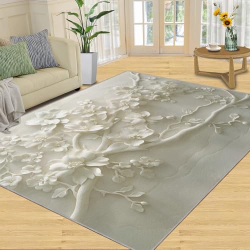 SANSJI Teppich, Kirschblüten-Heimdekoration, 160 x 230 cm, weiß, geprägt, florale Teppiche für Wohnzimmer, waschbare Teppiche für Schlafzimmer, Innenbereich, rutschfest, niedriger Flor, nordische von SANSJI