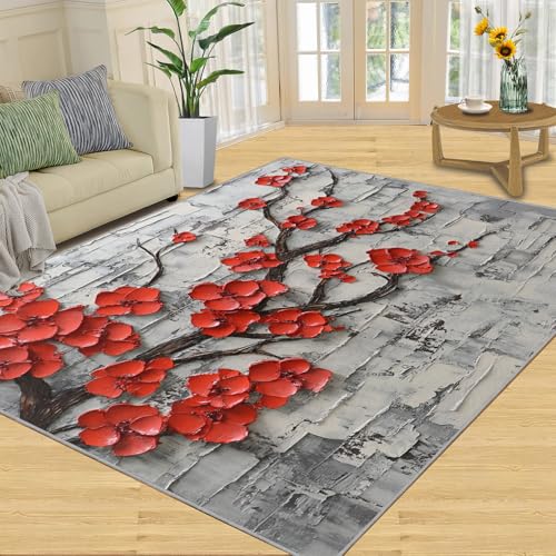 SANSJI Teppich, Kirschblüten-Heimdekoration, 180 x 200 cm, rote florale Teppiche für Wohnzimmer, waschbare Teppiche für Schlafzimmer, Innenbereich, rutschfest, niedriger Flor, 3D-Blumengeschenke SANSJI Teppich, Kirschblüten-Heimdekoration, 180 x 200 cm, rote florale Teppiche für Wohnzimmer, waschbare Teppiche für Schlafzimmer, Innenbereich, rutschfest, niedriger Flor, 3D-Blumengeschenke von SANSJI