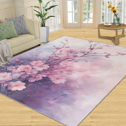SANSJI Teppich, Kirschblüten-Heimdekoration, Geschenke, 228 x 380 cm, rosa Blumen-Teppiche für Wohnzimmer, waschbare Teppiche für Schlafzimmer, rutschfester Teppich, niedriger Flor und pflegeleicht von SANSJI