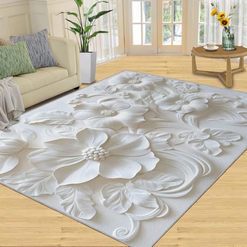 SANSJI Teppich, Relief, Blumenmuster, Heimdekoration, 150 x 180 cm, 3D-Teppich für Wohnzimmer, waschbare Teppiche für Schlafzimmer, Innenbereich, rutschfest, niedriger Flor, nordisches Weiß, Geschenke von SANSJI