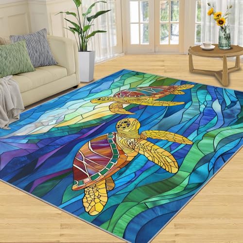 SANSJI Teppich, Schildkröten-Heimdekoration, 90 x 150 cm, Ozean-Life-Teppich für Wohnzimmer, waschbare Teppiche für Schlafzimmer, Innenbereich, rutschfest, niedriger Flor, blaues Glas, Kunstgeschenke SANSJI Teppich, Schildkröten-Heimdekoration, 90 x 150 cm, Ozean-Life-Teppich für Wohnzimmer, waschbare Teppiche für Schlafzimmer, Innenbereich, rutschfest, niedriger Flor, blaues Glas, Kunstgeschenke von SANSJI