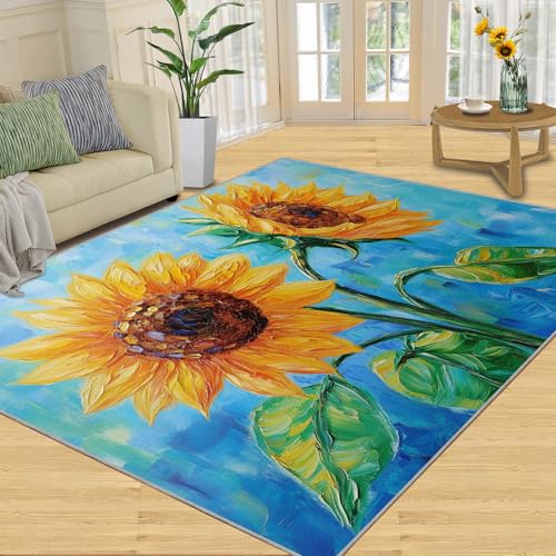 SANSJI Teppich, Sonnenblumen-Heimdekoration, 100 x 150 cm, gelber floraler Teppich für Wohnzimmer, waschbare Teppiche für Schlafzimmer, Innenbereich, rutschfest, niedriger Flor, Sternennachtblau SANSJI Teppich, Sonnenblumen-Heimdekoration, 100 x 150 cm, gelber floraler Teppich für Wohnzimmer, waschbare Teppiche für Schlafzimmer, Innenbereich, rutschfest, niedriger Flor, Sternennachtblau von SANSJI