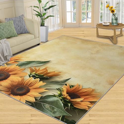 SANSJI Teppich, Sonnenblumen-Heimdekoration, 228 x 380 cm, gelber floraler Teppich für Wohnzimmer, waschbare Teppiche für Schlafzimmer, rutschfester Teppich, niedriger Flor und pflegeleicht SANSJI Teppich, Sonnenblumen-Heimdekoration, 228 x 380 cm, gelber floraler Teppich für Wohnzimmer, waschbare Teppiche für Schlafzimmer, rutschfester Teppich, niedriger Flor und pflegeleicht von SANSJI