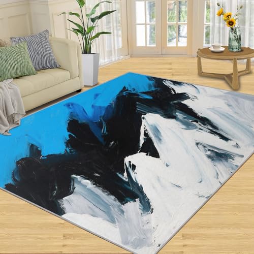 SANSJI Teppich, abstrakte Wohnkultur, 160 x 230 cm, blau-weiße Teppiche für Wohnzimmer, waschbare Teppiche für Schlafzimmer, rutschfester Teppich, niedriger Flor und pflegeleicht, schwarze Streifen von SANSJI