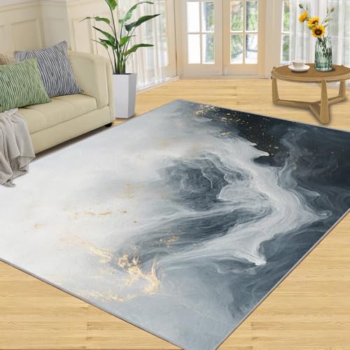 SANSJI Teppich, abstrakter Marmor, Heimdekoration, 160 x 230 cm, schwarz-weiß, Kunstteppiche für Wohnzimmer, waschbare Teppiche für Schlafzimmer, rutschfester Teppich, niedriger Flor und pflegeleicht von SANSJI
