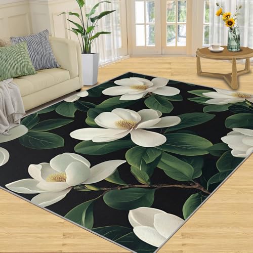 SANSJI Teppich, florale Heimdekoration, 160 x 230 cm, weiße florale Teppiche für Wohnzimmer, waschbare Teppiche für Schlafzimmer, Innenbereich, rutschfest, niedriger Flor, Blumen und botanische von SANSJI