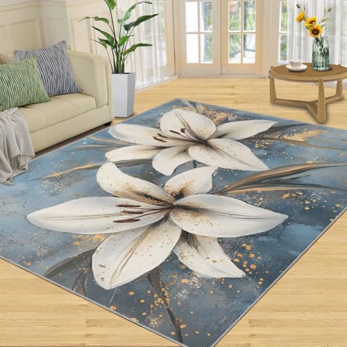 SANSJI Teppich, florale Heimdekoration, 180 x 200 cm, weißer floraler Teppich für Wohnzimmer, waschbare Teppiche für Schlafzimmer, Innenbereich, rutschfest, niedriger Flor, Grunge-Stil, blaue von SANSJI