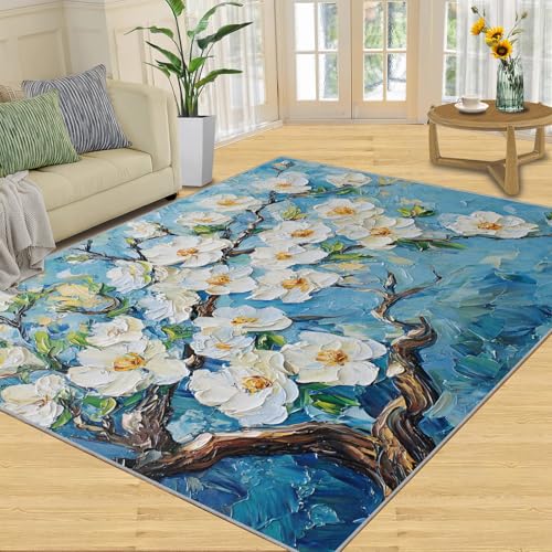 SANSJI Teppich, florale Heimdekoration, 180 x 270 cm, weiße florale Teppiche für Wohnzimmer, waschbare Teppiche für Schlafzimmer, Innenbereich, rutschfest und niedriger Flor, abstrakte blaue Geschenke SANSJI Teppich, florale Heimdekoration, 180 x 270 cm, weiße florale Teppiche für Wohnzimmer, waschbare Teppiche für Schlafzimmer, Innenbereich, rutschfest und niedriger Flor, abstrakte blaue Geschenke von SANSJI