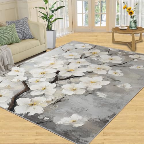 SANSJI Teppich, florale Heimdekoration, 60 x 180 cm, weiße florale Teppiche für Wohnzimmer, waschbare Teppiche für Schlafzimmer, Innenbereich, rutschfest und niedriger Flor, nordische Blumengeschenke von SANSJI