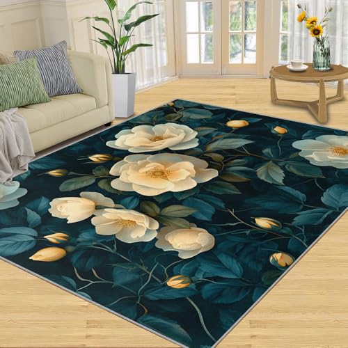 SANSJI Teppich, florale Heimdekoration und Geschenke, Boho-Teppich für Wohnzimmer, waschbare Teppiche für Schlafzimmer, Innenbereich, rutschfest, niedriger Flor, ländliche rustikale Blumen, 100 x 150 von SANSJI