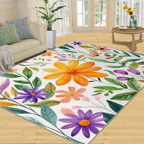SANSJI Teppich, florale Heimdekoration und Geschenke, Boho-Teppich für den Eingangsbereich, waschbare Teppiche für Schlafzimmer, rutschfester Teppich, weich und niedriger Flor, Aquarell-Blume, 152 x von SANSJI