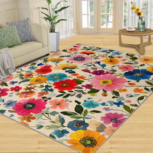SANSJI Teppich, florale Heimdekoration und Geschenke, rustikaler Retro-Blumen-Teppich für den Eingangsbereich, waschbare Teppiche für Schlafzimmer, rutschfester Teppich, weich und niedriger Flor von SANSJI