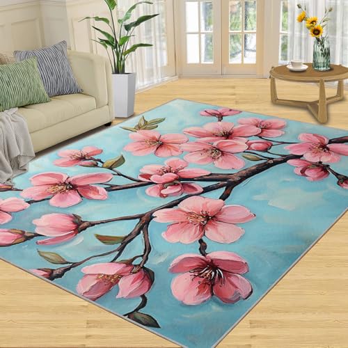 SANSJI Teppich, florales Heimdekor, 200 x 290 cm, Kirschblüten-Teppich für Wohnzimmer, waschbare Teppiche für Schlafzimmer, Innenbereich, rutschfest, niedriger Flor, rustikale rosa Blumen SANSJI Teppich, florales Heimdekor, 200 x 290 cm, Kirschblüten-Teppich für Wohnzimmer, waschbare Teppiche für Schlafzimmer, Innenbereich, rutschfest, niedriger Flor, rustikale rosa Blumen von SANSJI