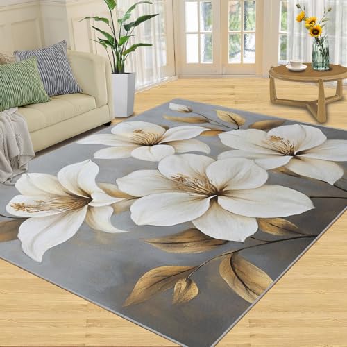 SANSJI Teppich, florales Heimdekor, 200 x 290 cm, nordisches Weiß, florale Teppiche für Wohnzimmer, waschbare Teppiche für Schlafzimmer, Innenbereich, rutschfest, niedriger Flor, Vintage-Stil von SANSJI