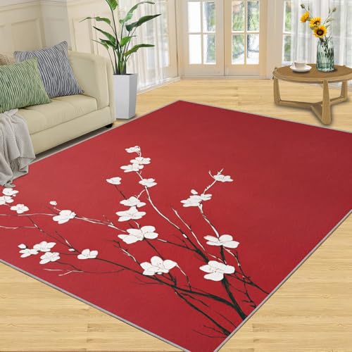 SANSJI Teppich, florales Heimdekor, einfache rote Teppiche für Wohnzimmer, waschbare Teppiche für Schlafzimmer, Innenbereich, rutschfest, niedriger Flor, weiße Blumen, 100 x 150 cm von SANSJI
