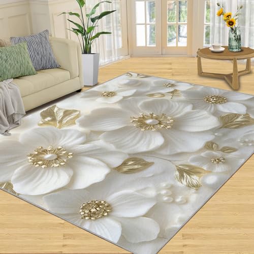 SANSJI Teppich, geprägte florale Heimdekoration, 152 x 228 cm, 3D-weiße Blumen-Teppiche für den Eingangsbereich, waschbare Teppiche für Schlafzimmer, rutschfester Teppich, weich und niedriger Flor von SANSJI