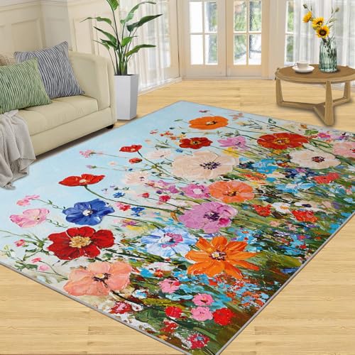 SANSJI Teppich, nordisches Blumenmuster, Heimdekoration, 152 x 228 cm, Aquarell-Blumen-Teppiche für den Eingangsbereich, waschbare Teppiche für Schlafzimmer, rutschfester Teppich, weich und niedriger von SANSJI