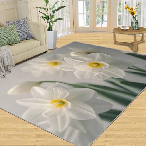 SANSJI Teppich, nordisches Blumenmuster, Heimdekoration und Geschenke, 90 x 150 cm, weiße Blumen-Teppiche für Wohnzimmer, waschbare Teppiche für Schlafzimmer, rutschfester Teppich, niedriger Flor und von SANSJI