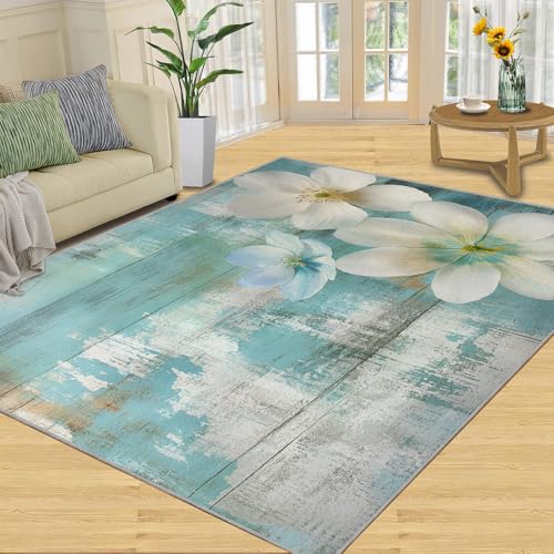 SANSJI Teppich, rustikale Heimdekoration, 160 x 230 cm, weiße florale Teppiche für Wohnzimmer, waschbare Teppiche für Schlafzimmer, Innenbereich, rutschfest und niedriger Flor, Blaue Grunge-Geschenke von SANSJI