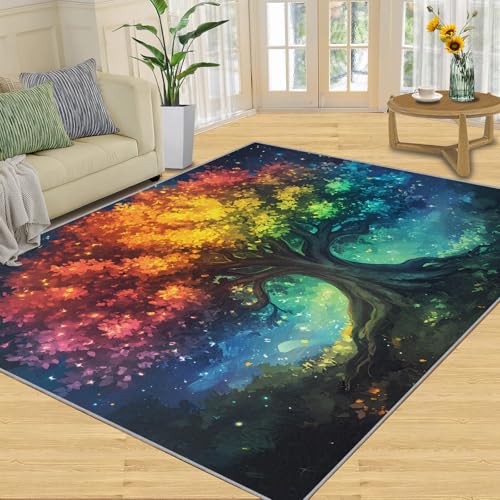 SANSJI Teppich – Baum des Lebens, Heimdekoration und Geschenke, 150 x 180 cm, bunte Baumteppiche für Wohnzimmer, waschbare Teppiche für Schlafzimmer, Innenbereich, rutschfest und niedriger Flor von SANSJI