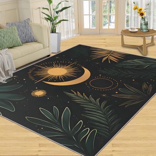 SANSJI Teppich – Boho-Heimdekor, 90 x 150 cm, abstrakte Sonne und Mond Teppiche für Wohnzimmer, waschbare Teppiche für Schlafzimmer, Innenbereich, rutschfest, niedriger Flor, Sternennacht, botanische von SANSJI