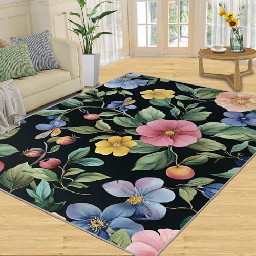 SANSJI Teppich – Boho-Teppich mit Blumenmuster, Heimdekoration, rustikale Blumen-Teppiche für Wohnzimmer, waschbare Teppiche für Schlafzimmer, Innenbereich, rutschfest und niedriger Flor, bunte Blumen von SANSJI