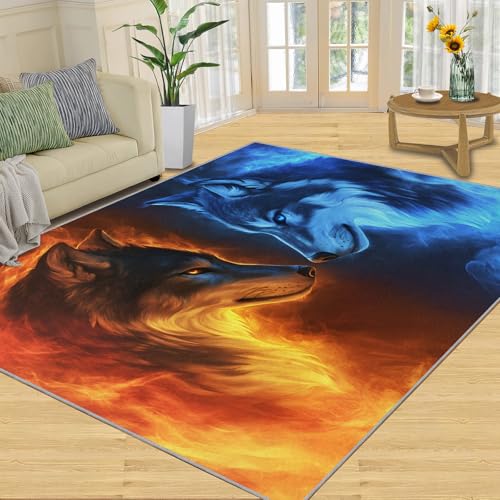 SANSJI Teppich – Fantasy Wolf Heimdekoration & Geschenke, Teppich mit Eis- und Feuertieren für den Eingangsbereich, waschbare Teppiche für Schlafzimmer, rutschfester Teppich, weich und niedriger Flor von SANSJI