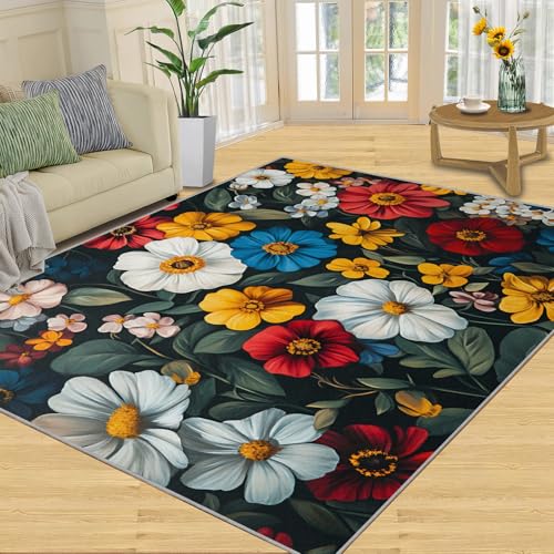 SANSJI Teppich – Florals Home Decor Teppich, bunte Blumen, Teppiche für Wohnzimmer, waschbare Teppiche für Schlafzimmer, Innenbereich, rutschfest und niedriger Flor, Boho-Blumen-Geschenke von SANSJI