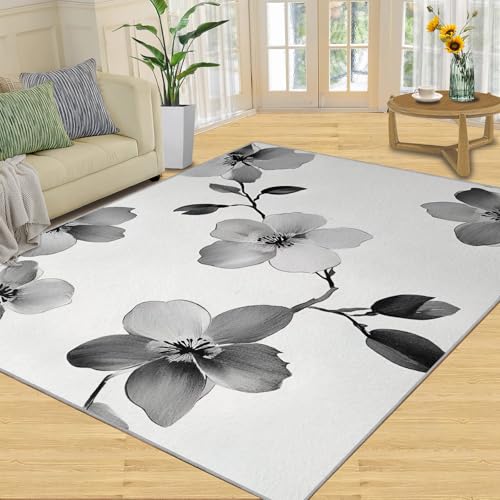 SANSJI Teppich – Kirschblüten-Heimdekoration, 152 x 228 cm, graue Blumen, Teppiche für den Eingangsbereich, waschbare Teppiche für Schlafzimmer, rutschfester Teppich, weich und niedriger Flor von SANSJI