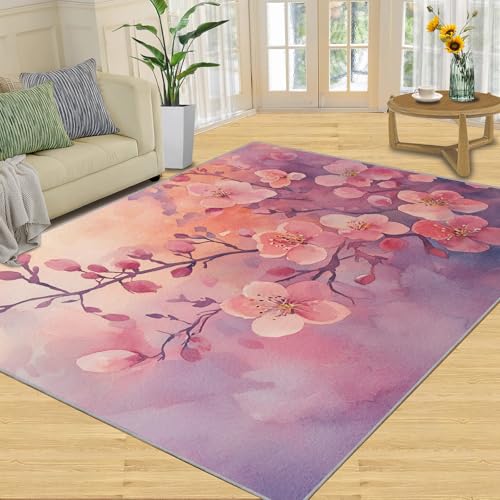 SANSJI Teppich – Kirschblüten-Heimdekoration und Geschenke, Frühlingsblumenteppiche für den Eingangsbereich, waschbare Teppiche für Schlafzimmer, rutschfester Teppich, weich und niedriger Flor, rosa von SANSJI