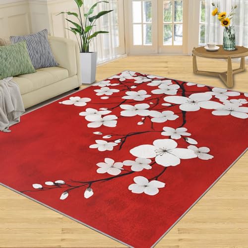 SANSJI Teppich – Kirschblüten-Heimdekoration und Geschenke, einfache rote Teppiche für Wohnzimmer, waschbare Teppiche für Schlafzimmer, Innenbereich, rutschfest, niedriger Flor, weißes Blumenmuster SANSJI Teppich – Kirschblüten-Heimdekoration und Geschenke, einfache rote Teppiche für Wohnzimmer, waschbare Teppiche für Schlafzimmer, Innenbereich, rutschfest, niedriger Flor, weißes Blumenmuster von SANSJI