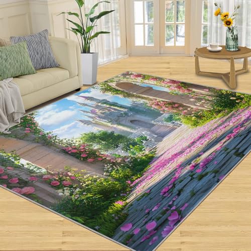 SANSJI Teppich – Märchen-Wohnkultur und Geschenke, 150 x 180 cm, Mädchen-Schloss-Teppich für Wohnzimmer, waschbare Teppiche für Schlafzimmer, Innenbereich, rutschfest und niedriger Flor von SANSJI