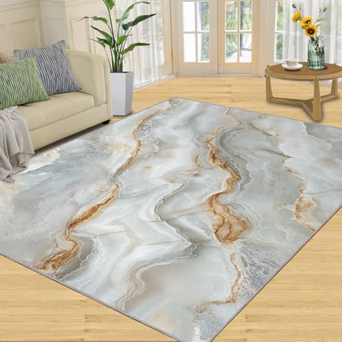 SANSJI Teppich – Marmor-Teppich für Zuhause und Geschenke, 180 x 200 cm, grau-goldfarbene Marmor-Teppiche für Wohnzimmer, waschbare Teppiche für Schlafzimmer, Innenbereich, rutschfest und niedriger von SANSJI