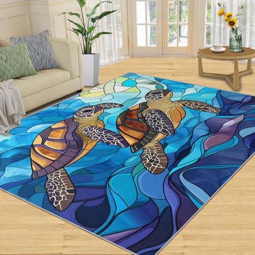 SANSJI Teppich – Meeresschildkröte, Heimdekoration, 100 x 150 cm, blaue Glas-Kunstteppiche für Wohnzimmer, waschbare Teppiche für Schlafzimmer, Innenbereich, rutschfest und niedriger Flor SANSJI Teppich – Meeresschildkröte, Heimdekoration, 100 x 150 cm, blaue Glas-Kunstteppiche für Wohnzimmer, waschbare Teppiche für Schlafzimmer, Innenbereich, rutschfest und niedriger Flor von SANSJI