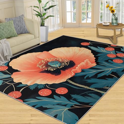 SANSJI Teppich – Mohnblumen-Heimdekoration, Aquarell-Blumen-Teppiche für Wohnzimmer, waschbare Teppiche für Schlafzimmer, Innenbereich, rutschfest und niedriger Flor, rustikale Blumengeschenke, 152 x von SANSJI