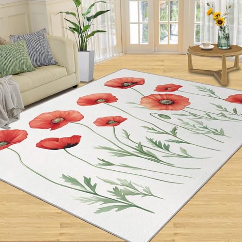 SANSJI Teppich – Mohnblumen-Heimdekoration, einfache florale Teppiche für Wohnzimmer, waschbare Teppiche für Schlafzimmer, Innenbereich, rutschfest, niedriger Flor, Geschenke mit nordischen Blumen von SANSJI
