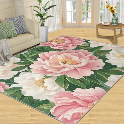 SANSJI Teppich – Pfingstrosen-Heimdekoration und Geschenke, Teppich mit Aquarell-Blumen, für Wohnzimmer, waschbare Teppiche für Schlafzimmer, rutschfester Teppich, niedriger Flor und pflegeleicht von SANSJI
