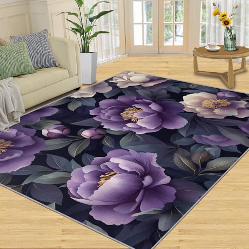 SANSJI Teppich – Pfingstrosen-Heimdekoration und Geschenke, Teppich mit violetten Blumen, für Wohnzimmer, waschbare Teppiche für Schlafzimmer, rutschfester Teppich, niedriger Flor und pflegeleicht von SANSJI