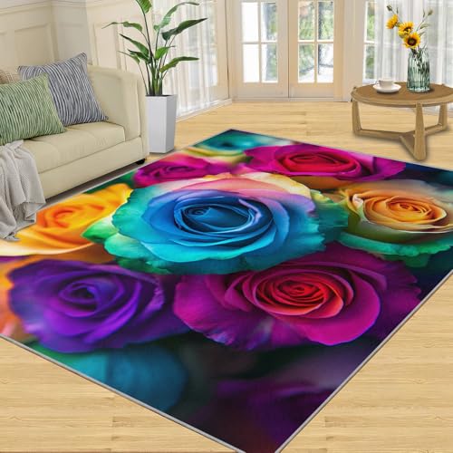 SANSJI Teppich – Rose Home Decor, 152 x 228 cm, bunte Blumen, Teppiche für den Eingangsbereich, waschbare Teppiche für Schlafzimmer, rutschfester Teppich, weich und niedriger Flor, romantische Rosen von SANSJI