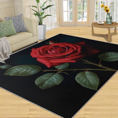 SANSJI Teppich – Rose Home Decor Teppich, 160 x 230 cm, rote Blumenteppiche für Wohnzimmer, waschbare Teppiche für Schlafzimmer, Innenbereich, rutschfest und niedriger Flor, romantische von SANSJI