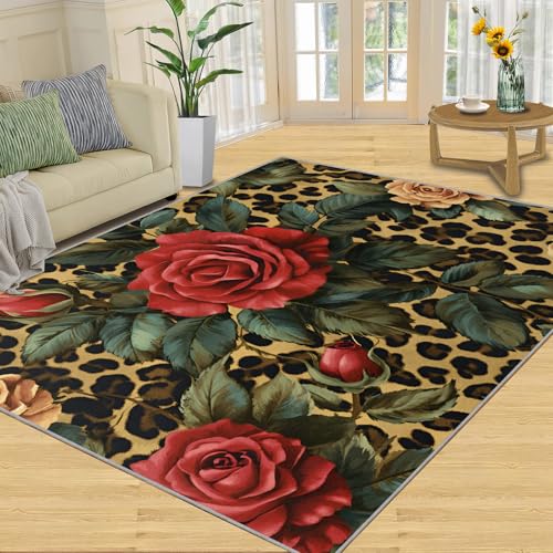 SANSJI Teppich – Roses Home Decor Teppich, Leopardenstruktur, Teppiche für Wohnzimmer, waschbare Teppiche für Schlafzimmer, Innenbereich, rutschfest und niedriger Flor, rustikale Blumen, Geschenke von SANSJI