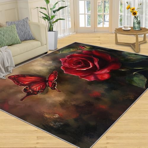 SANSJI Teppich – Rote Rose Heimdekoration & Geschenke, 152 x 228 cm, Vintage-Teppich mit rustikalem Blumenmotiv für den Eingangsbereich, waschbare Teppiche für Schlafzimmer, rutschfester Teppich SANSJI Teppich – Rote Rose Heimdekoration & Geschenke, 152 x 228 cm, Vintage-Teppich mit rustikalem Blumenmotiv für den Eingangsbereich, waschbare Teppiche für Schlafzimmer, rutschfester Teppich von SANSJI