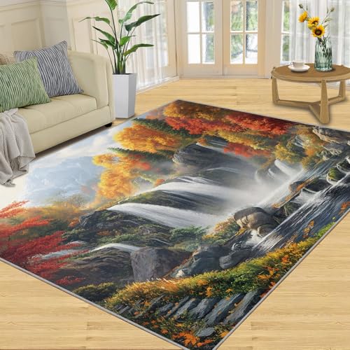 SANSJI Teppich – Wasserfall-Landschaft, Heimdekoration, 200 x 290 cm, Herbstteppich, Natur-Teppiche für Wohnzimmer, waschbare Teppiche für Schlafzimmer, Indoor-Teppich, rutschfest und niedriger Flor von SANSJI