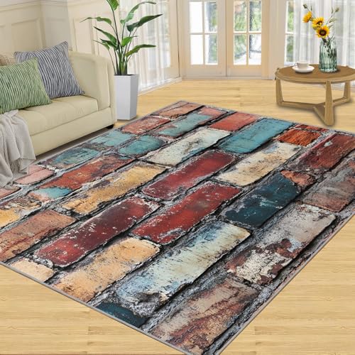 SANSJI Teppich – bunte Heimdekoration, 152 x 452 cm, Ziegel-Graffiti-Teppiche für Wohnzimmer, waschbare Teppiche für Schlafzimmer, Innenbereich, rutschfest und niedriger Flor, mehrfarbig, Used-Look von SANSJI
