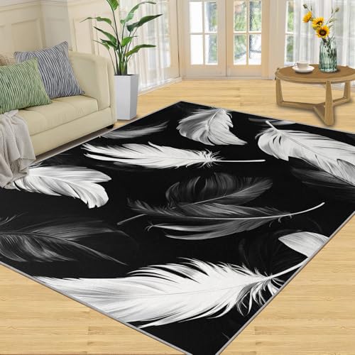 SANSJI Teppich mit Federstruktur, Heimdekoration, 180 x 200 cm, schwarz-weiß, Teppiche für Wohnzimmer, waschbare Teppiche für Schlafzimmer, Innenbereich, rutschfest und niedriger Flor, nordische von SANSJI