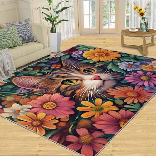 SANSJI Teppich mit Katzendruck, Heimdekoration, Boho-Teppich für Wohnzimmer, waschbare Teppiche für Schlafzimmer, Innenbereich, rutschfest, niedriger Flor, rustikale Blumen-Tiere, Geschenke von SANSJI